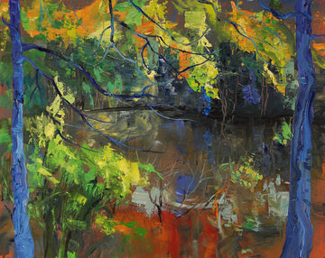 Matthew Collins artwork 'Pond with Two Blue Trees' at Gallery78 Fredericton, New Brunswick