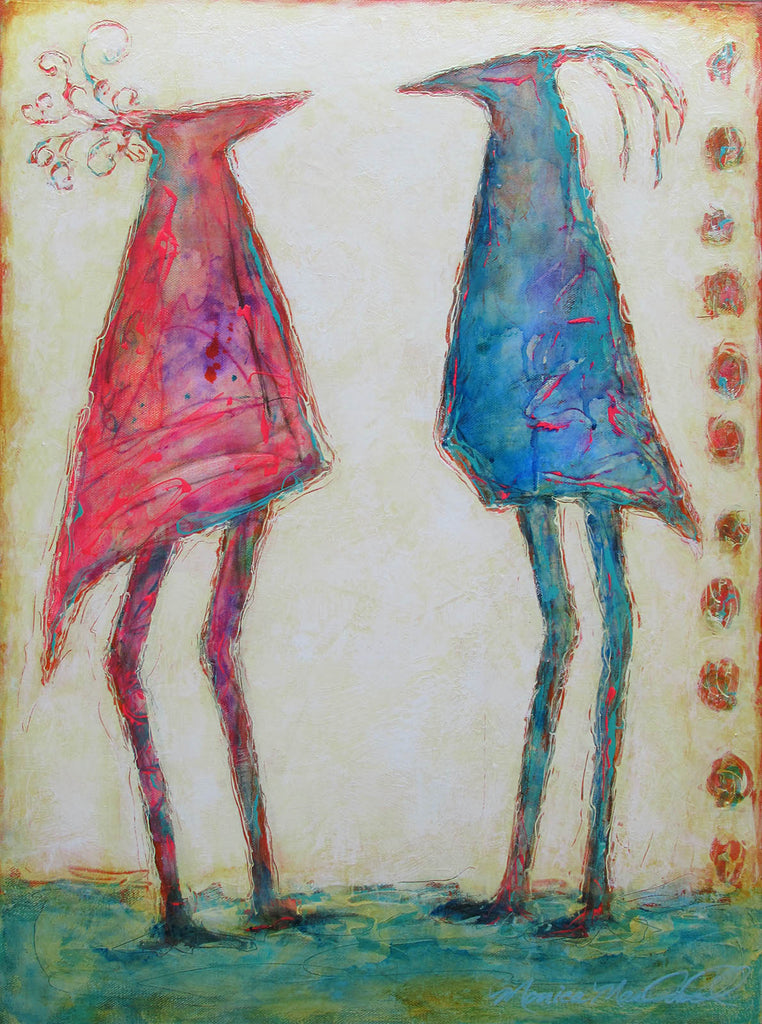 Monica Macdonald artwork 'Feathered Friends: Phyllis and Augusta' at Gallery78 Fredericton, New Brunswick