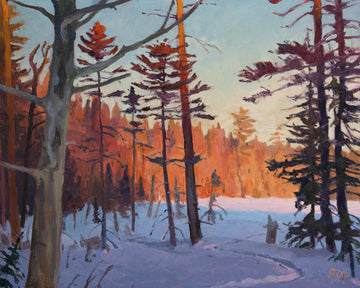 Réjean Roy artwork 'Sunset on Winter Lake' at Gallery78 Fredericton, New Brunswick