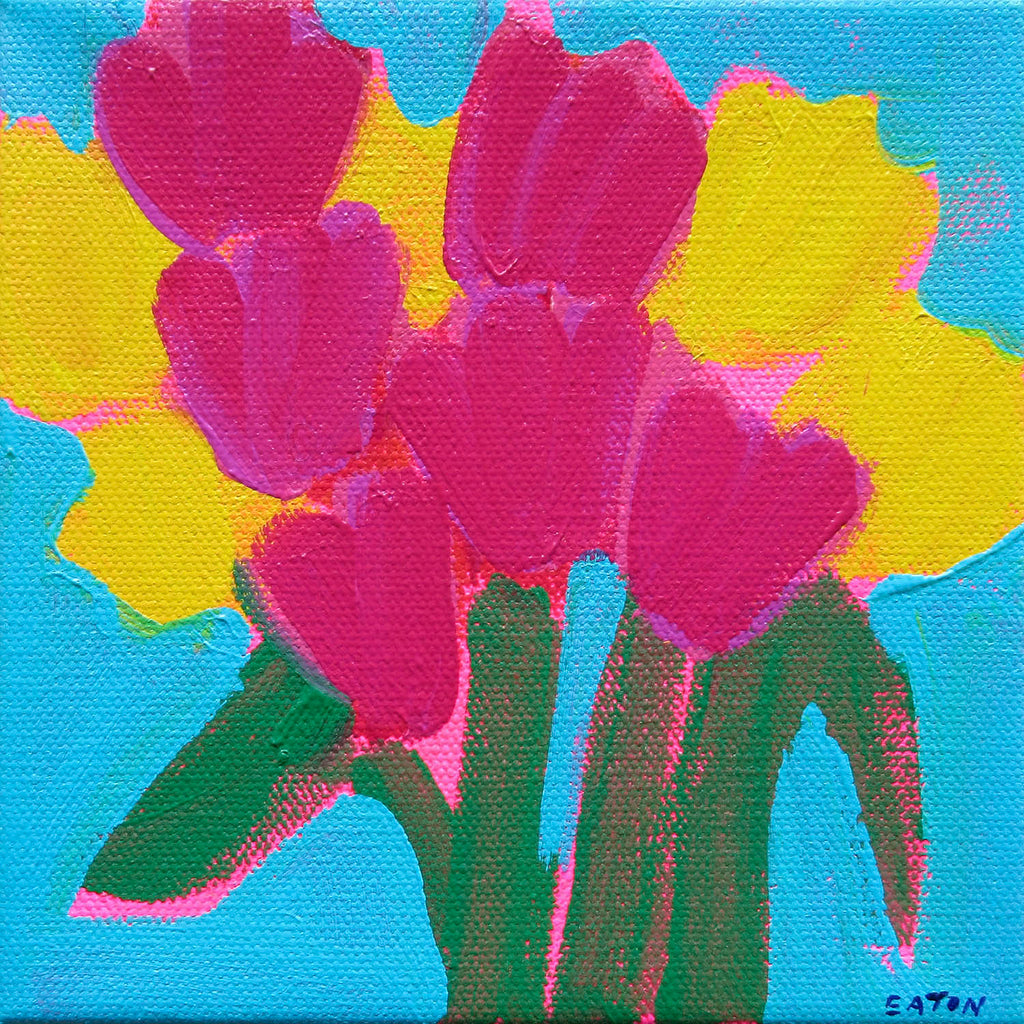 Alexandrya Eaton artwork 'Pink and Yellow Tulips on Blue' at Gallery78 Fredericton, New Brunswick