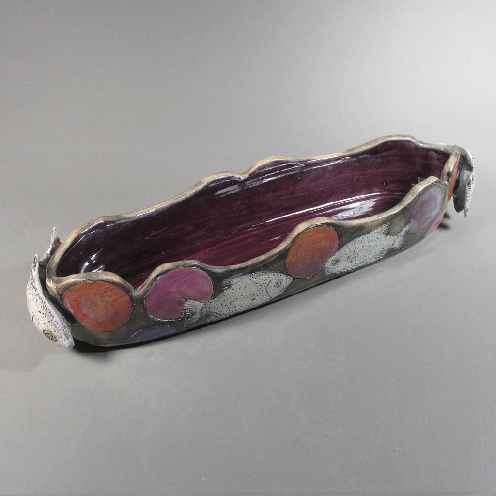 Marla Benton artwork 'Spotted Fish Oval Planter with Sculpted Handles' at Gallery78 Fredericton, New Brunswick