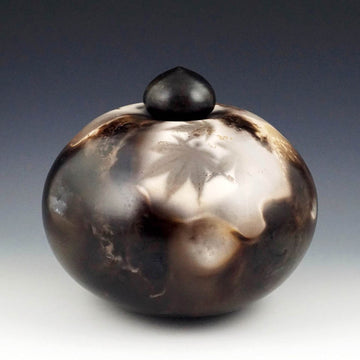 Judy Blake artwork 'Sawdust-fired Lidded Vessel with 'Leaf' Shadow' at Gallery78 Fredericton, New Brunswick