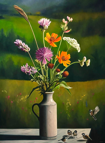 Cliff Turner artwork 'Arrangement with Chickadees' at Gallery78 Fredericton, New Brunswick