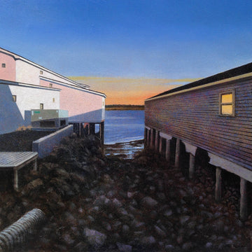 Steven Rhude artwork 'Nearing Darkness, Fishplant and Long Shed' at Gallery78 Fredericton, New Brunswick