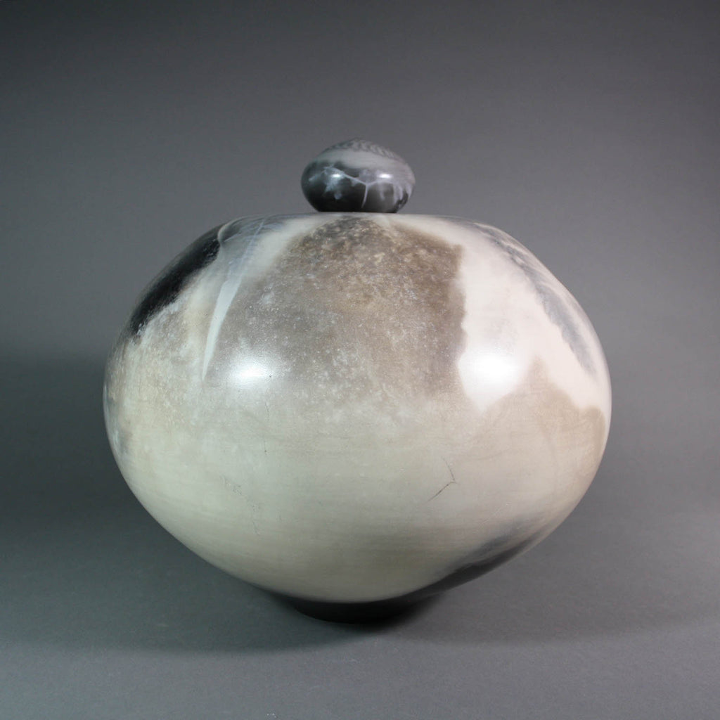 Judy Blake artwork 'Sawdust-fired Lidded Vessel with ‘Fern Shadow', Round Lid' at Gallery78 Fredericton, New Brunswick