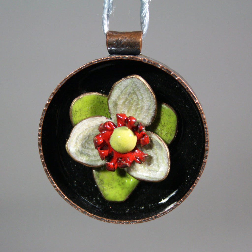 Ann Fillmore artwork 'Enamelled Flower Ornament: White Petals (1.75 in. diameter)' at Gallery78 Fredericton, New Brunswick