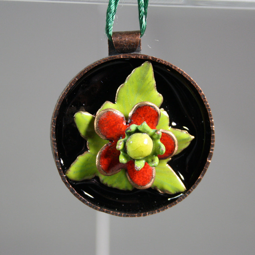 Ann Fillmore artwork 'Enamelled Flower Ornament: Flower & Leaf (1.75 in. diameter)' at Gallery78 Fredericton, New Brunswick