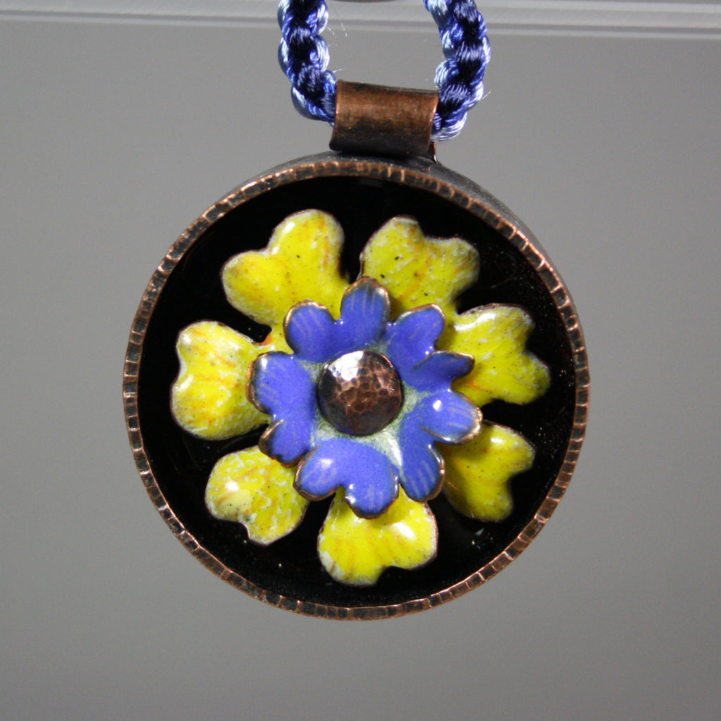 Ann Fillmore artwork 'Enamelled Flower Ornament: Yellow & Blue (1.5 in. diameter)' at Gallery78 Fredericton, New Brunswick