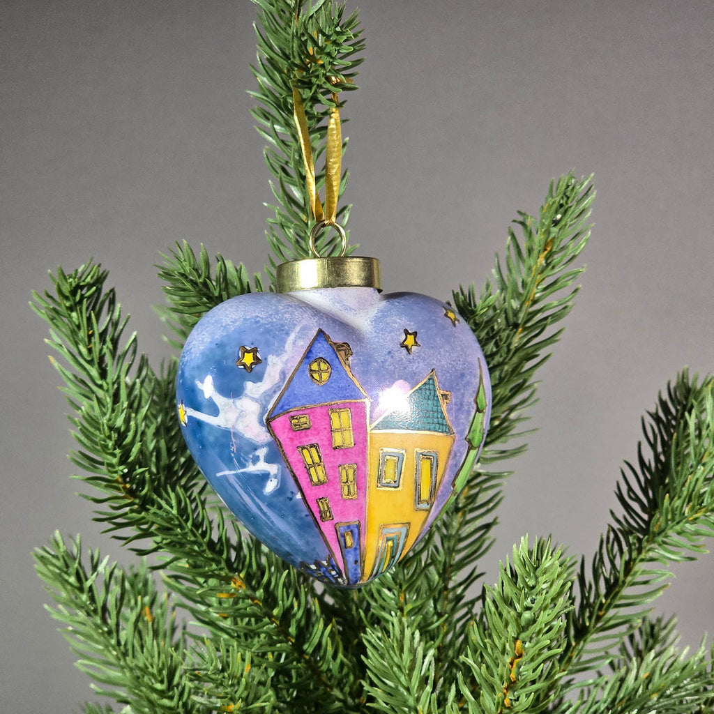 Isabelle Lafargue artwork 'Christmas Ornament - Heart Shaped - Houses at Night' at Gallery78 Fredericton, New Brunswick