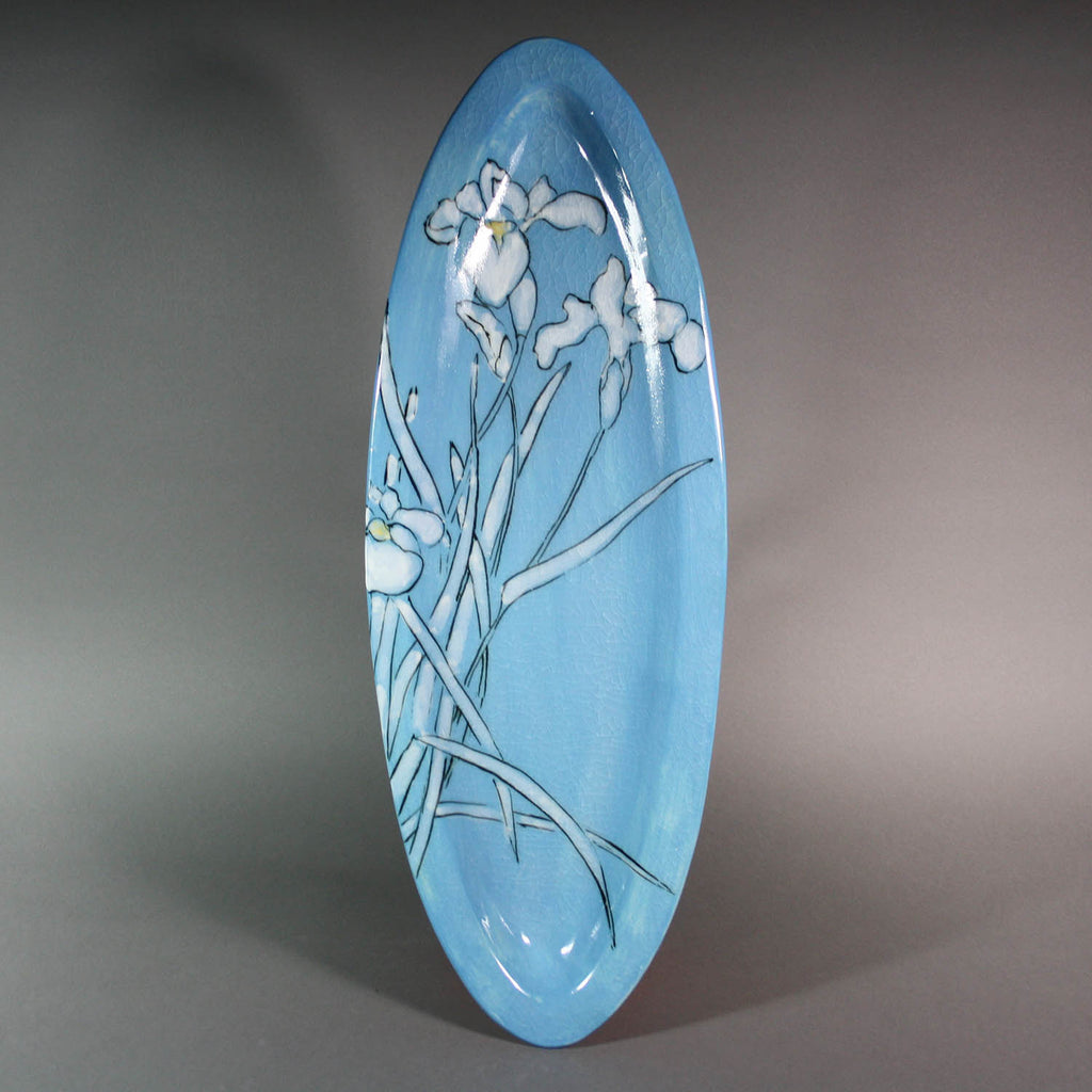 Karen Burk artwork 'Platter - Long Oval Blue with Irises' at Gallery78 Fredericton, New Brunswick