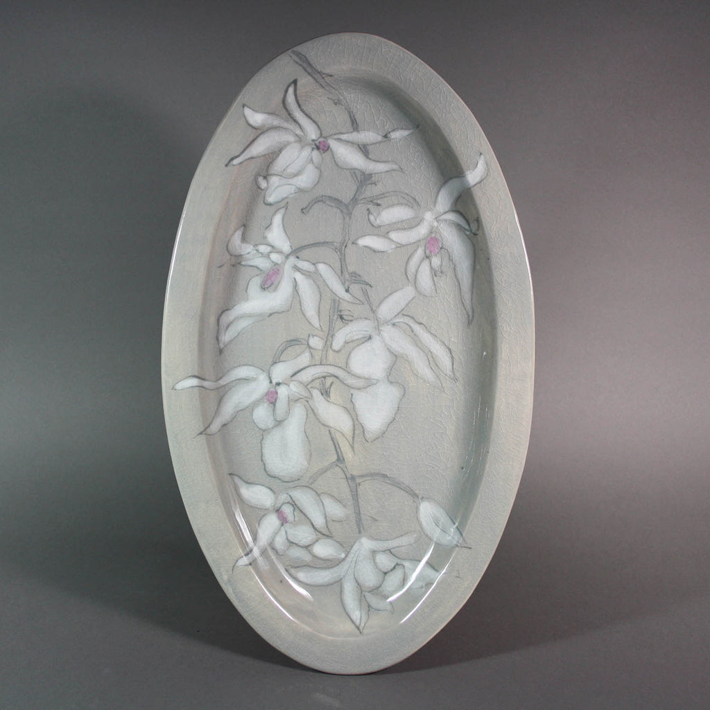 Karen Burk artwork 'Platter - Wide Oval, Gray Orchids' at Gallery78 Fredericton, New Brunswick