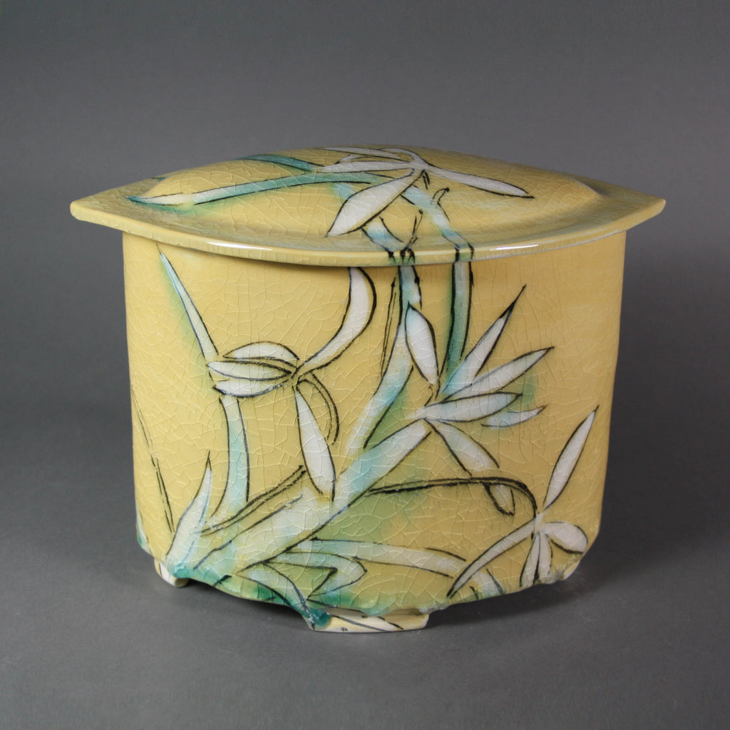 Karen Burk artwork 'Funerary Urn - Yellow with Orchids' at Gallery78 Fredericton, New Brunswick