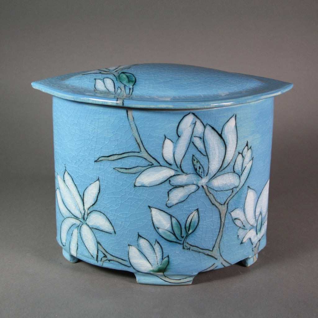 Karen Burk artwork 'Funerary Urn - Blue with Magnolias' at Gallery78 Fredericton, New Brunswick