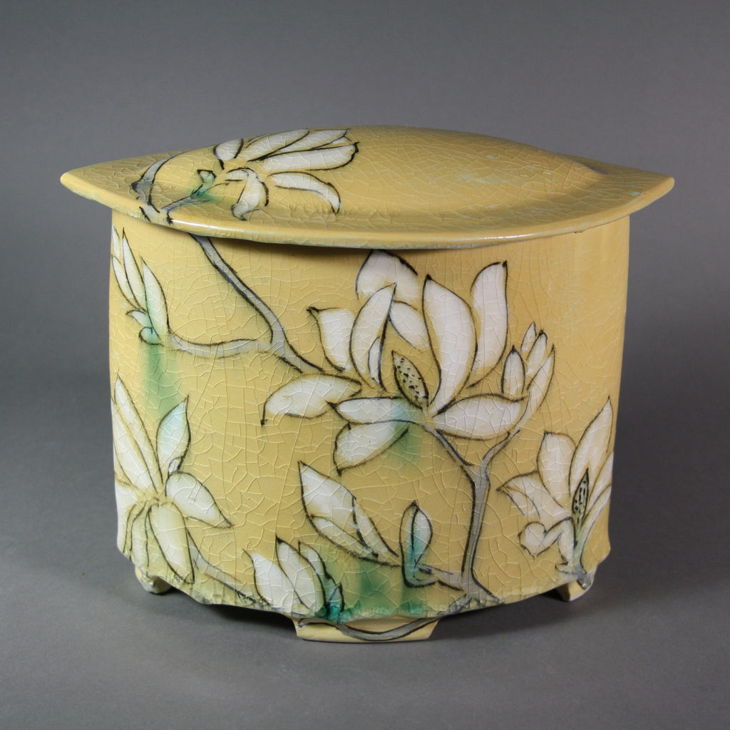 Karen Burk artwork 'Funerary Urn - Yellow with Magnolias' at Gallery78 Fredericton, New Brunswick