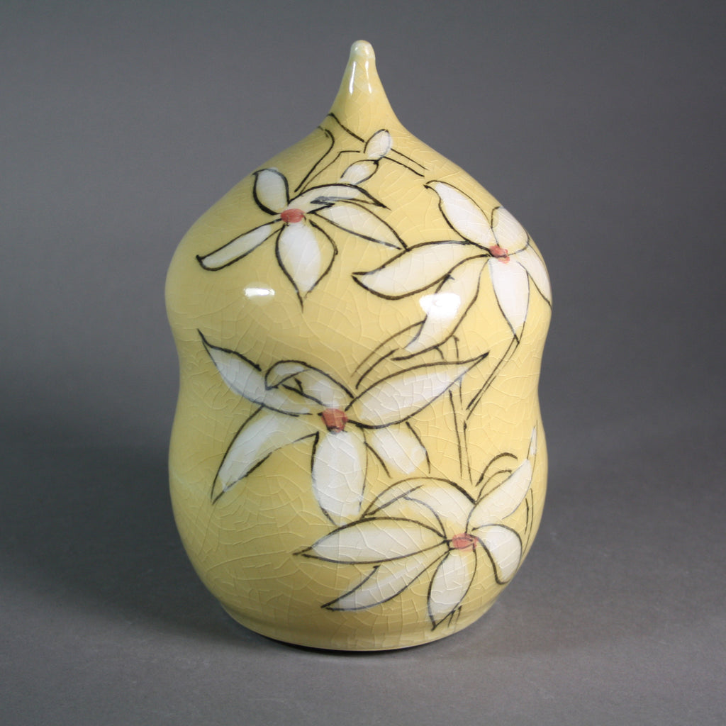 Karen Burk artwork 'Funerary Urn - Yellow Pod with Orchids (Pink Details)' at Gallery78 Fredericton, New Brunswick