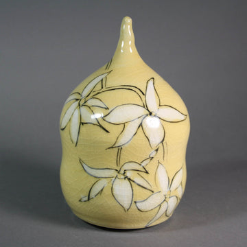 Karen Burk artwork 'Funerary Urn - Yellow Pod with Orchids' at Gallery78 Fredericton, New Brunswick