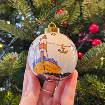 Isabelle Lafargue artwork 'Christmas Ornament: House Boats and Lighthouse' at Gallery78 Fredericton, New Brunswick