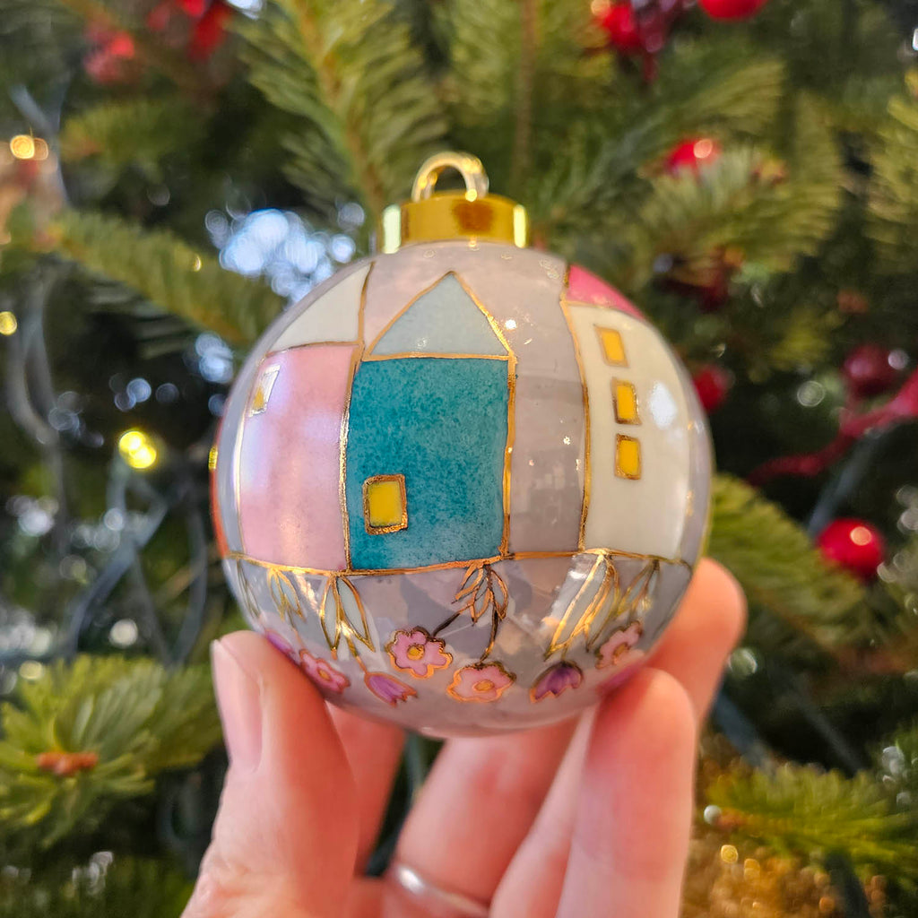 Isabelle Lafargue artwork 'Christmas Ornament: Houses over Flowers I' at Gallery78 Fredericton, New Brunswick