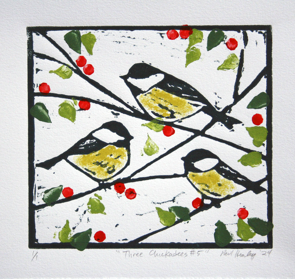 Paul Healey artwork 'Three Chickadees #5' at Gallery78 Fredericton, New Brunswick