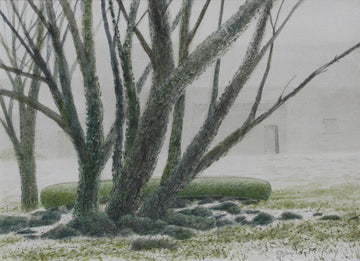 David McKay artwork 'Canoe and Barns, Foggy Day' at Gallery78 Fredericton, New Brunswick