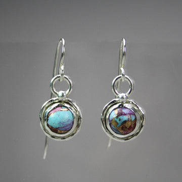 Ann Fillmore artwork 'Purple Dahlia Spiny Oyster and Turquoise - round earrings' at Gallery78 Fredericton, New Brunswick
