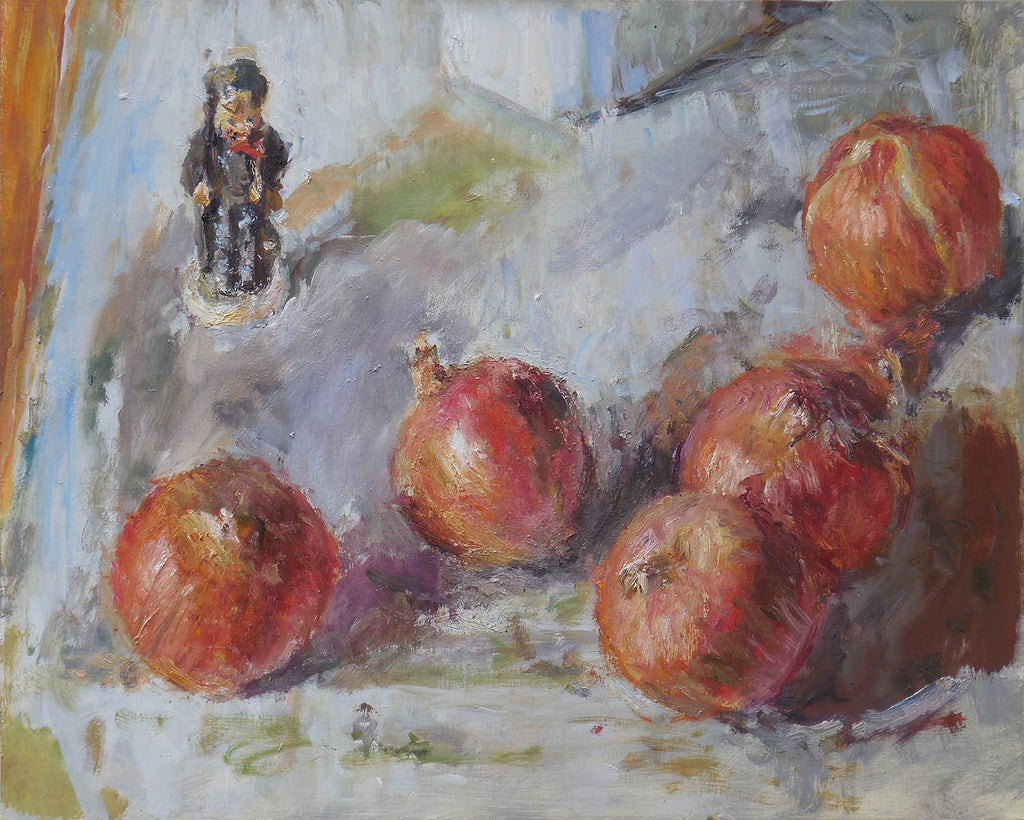 Stephen May artwork 'Hummel Figurine, Knife and Onions' at Gallery78 Fredericton, New Brunswick