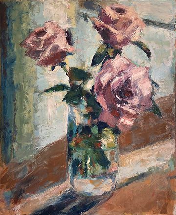 Amber Leger artwork 'Roses on Round Table' at Gallery78 Fredericton, New Brunswick