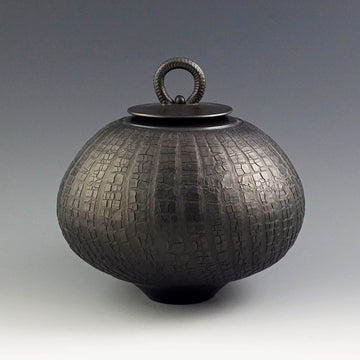 Judy Blake artwork 'Smoke-fired Lidded Vessel with “Bark Texture”' at Gallery78 Fredericton, New Brunswick