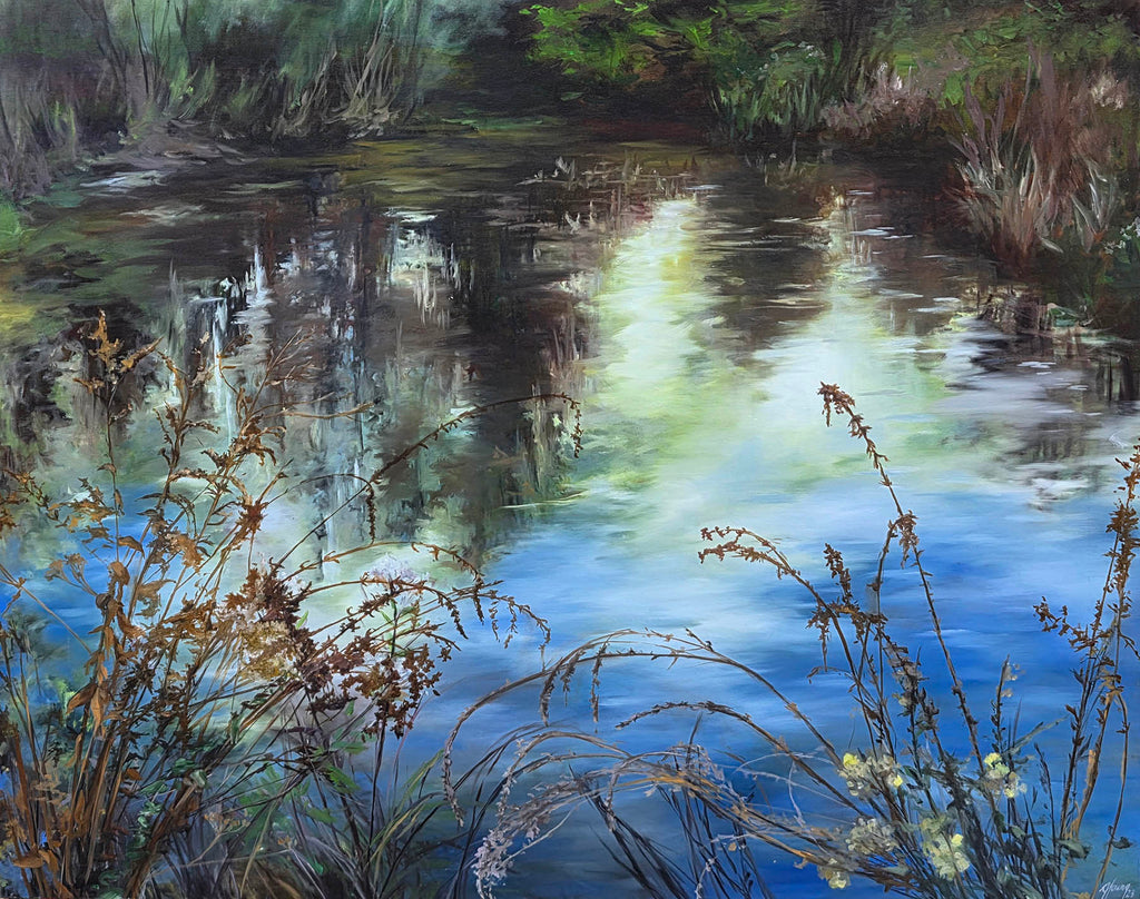 Amber Young artwork 'Lorne's Pond with Flowers and Spruce' at Gallery78 Fredericton, New Brunswick