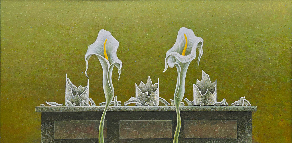 William Forrestall artwork 'Two Lilies and Broken Bottles' at Gallery78 Fredericton, New Brunswick