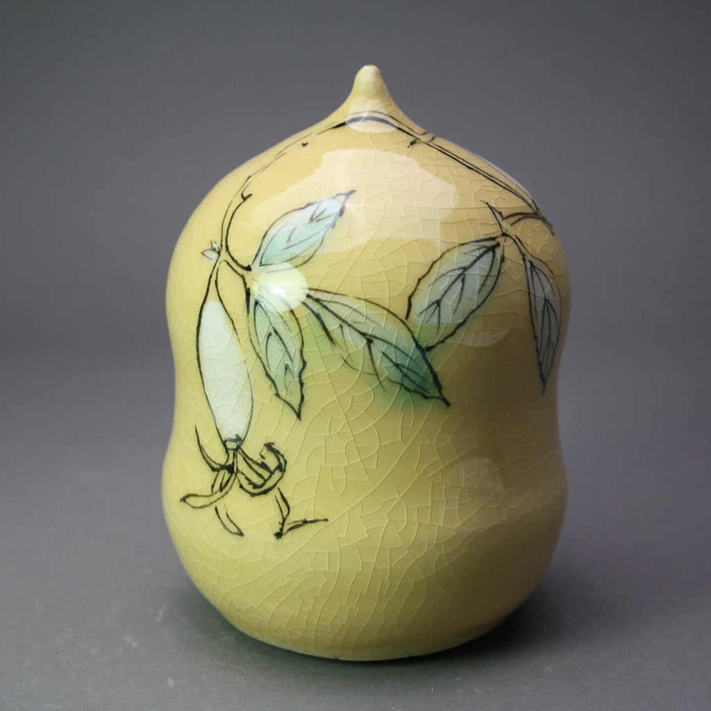 Karen Burk artwork 'Funerary Urn - Small Yellow Pod with Cherry' at Gallery78 Fredericton, New Brunswick
