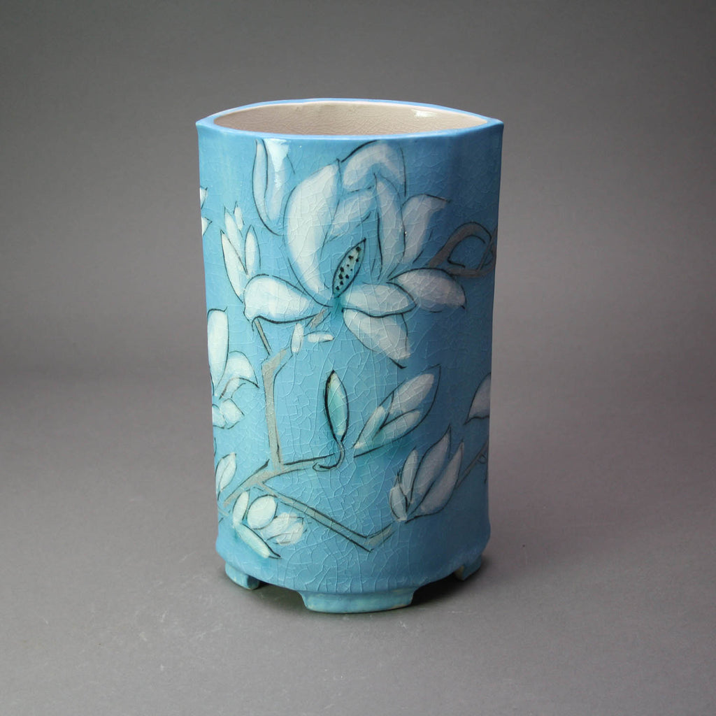 Karen Burk artwork 'Tall Handbuilt Blue Vase with Magnolias' at Gallery78 Fredericton, New Brunswick