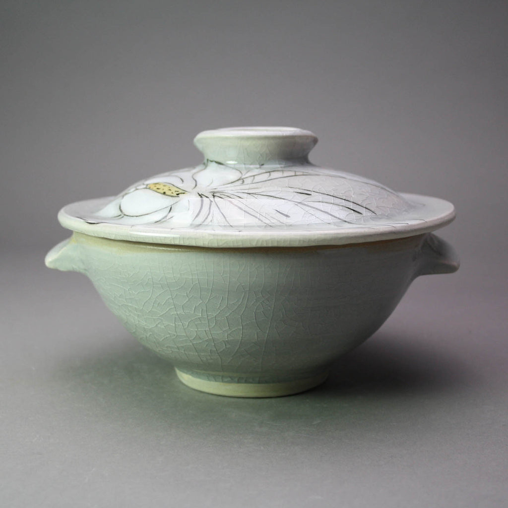 Karen Burk artwork 'Small Covered Bowl - Grey with Magnolias' at Gallery78 Fredericton, New Brunswick