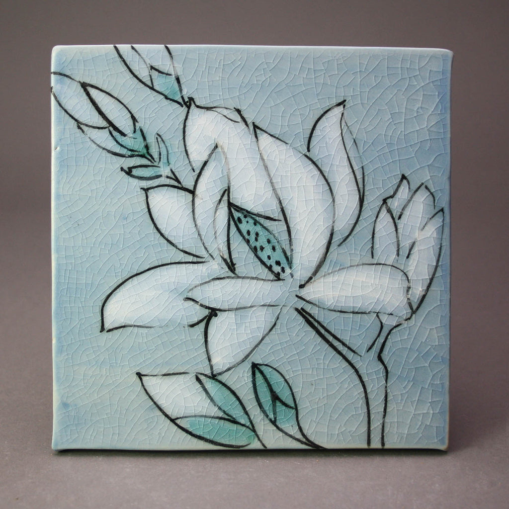 Karen Burk artwork 'Tile / Trivet - Grey/Blue Magnolia' at Gallery78 Fredericton, New Brunswick