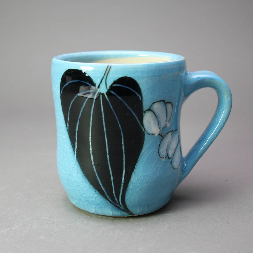 Karen Burk artwork 'Mug - Blue with Black Leaf' at Gallery78 Fredericton, New Brunswick
