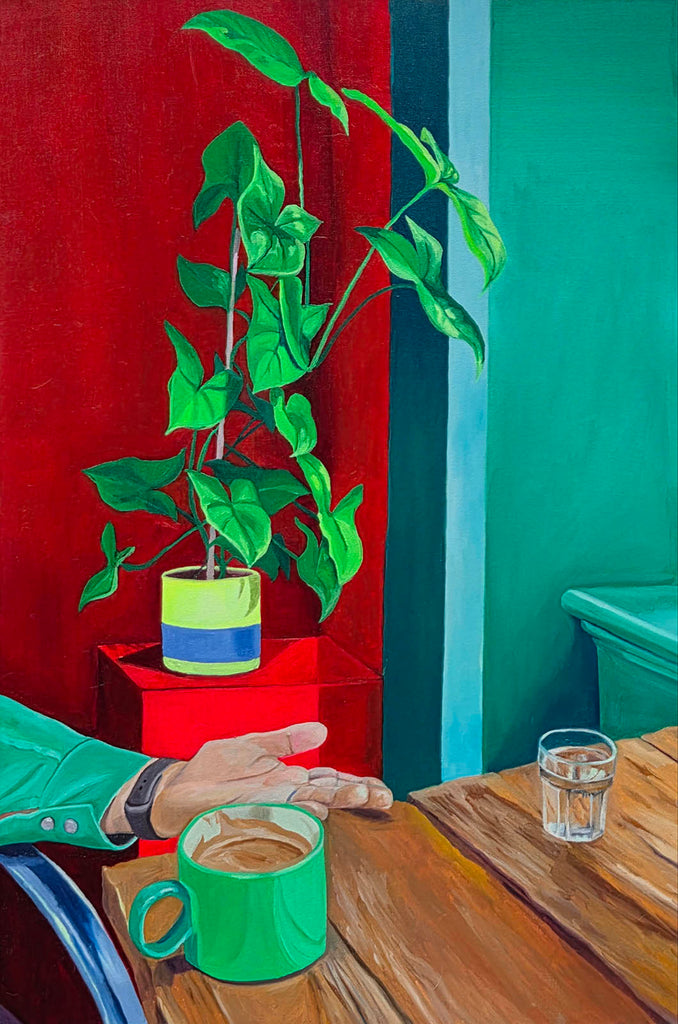 Erica Beyea artwork 'Plant/coffee cup/hand: A fix of tenderness' at Gallery78 Fredericton, New Brunswick