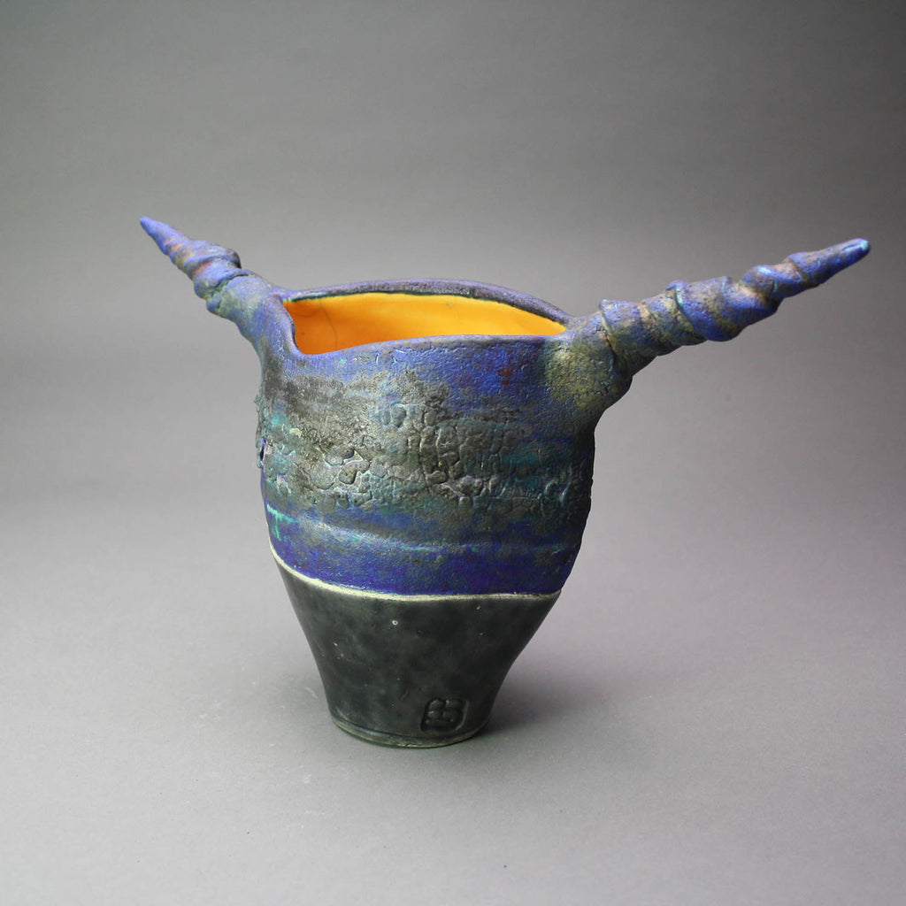 Peter Powning artwork 'Blue/Yellow Raku Spiral Horn Pot' at Gallery78 Fredericton, New Brunswick