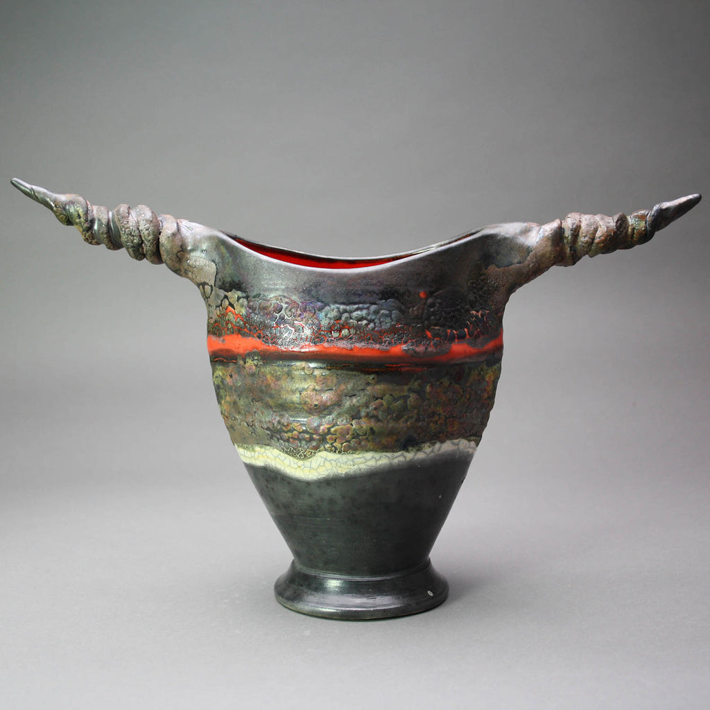 Peter Powning artwork 'Blue/Red Raku Spiral Horn Pot' at Gallery78 Fredericton, New Brunswick