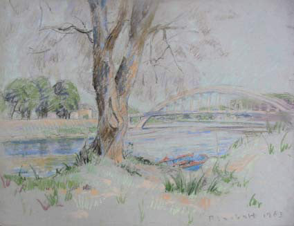 Joseph Plaskett, OC artwork 'Boat and Bridge, Decize (Loire)' at Gallery78 Fredericton, New Brunswick