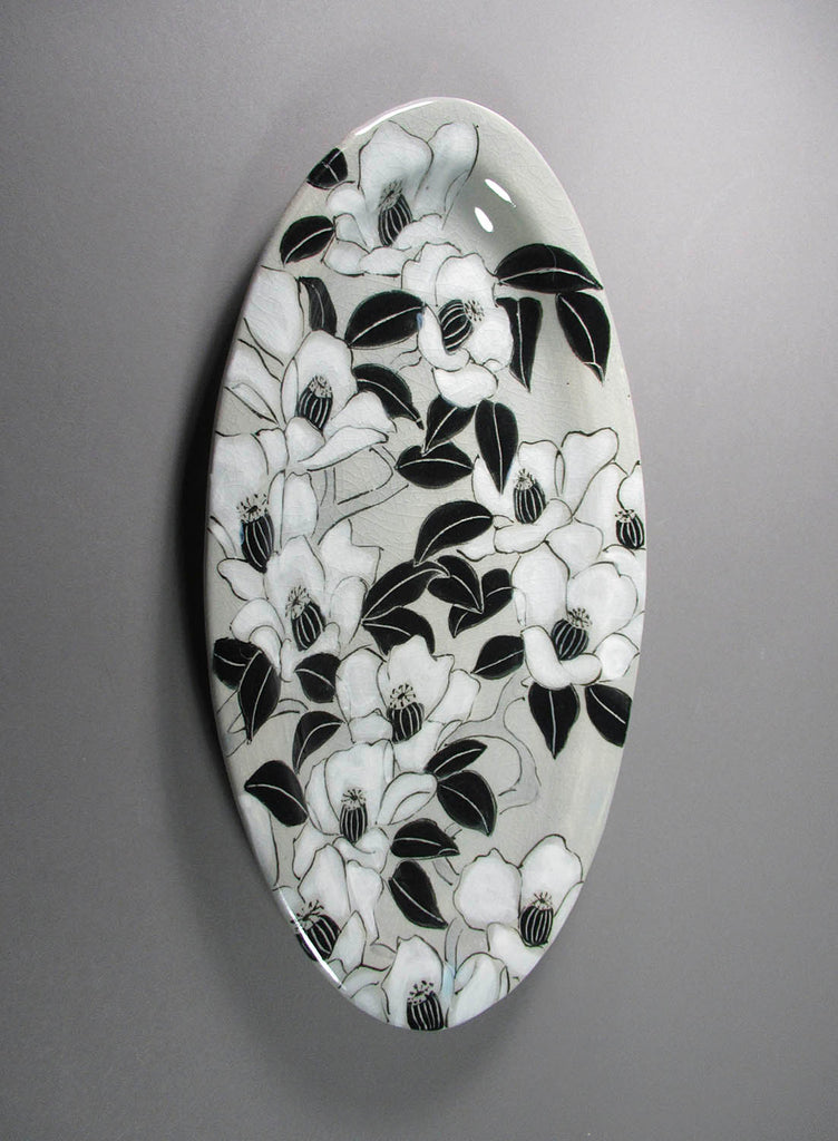 Karen Burk artwork 'Medium Oval Platter - Grey with Camellias' at Gallery78 Fredericton, New Brunswick