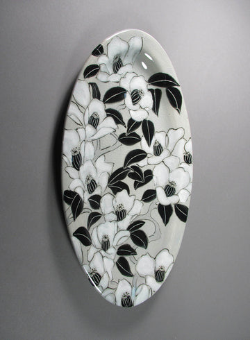 Karen Burk artwork 'Medium Oval Platter - Grey with Camellias' at Gallery78 Fredericton, New Brunswick
