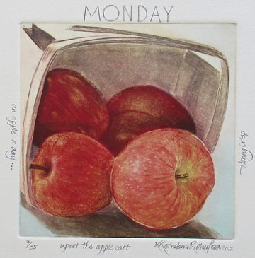 Kath Kornelsen Rutherford artwork 'Monday - Upset the Apple Cart' at Gallery78 Fredericton, New Brunswick