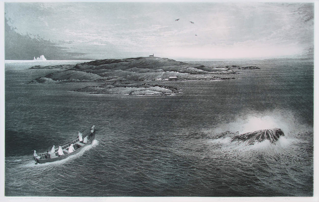 David Blackwood, OC, RCA artwork 'Seabird Hunters Returning to Bragg's Island' at Gallery78 Fredericton, New Brunswick