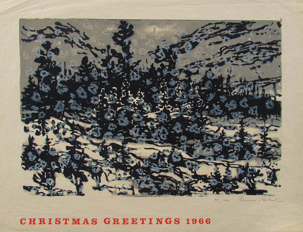 Bruno Bobak, OC, RCA artwork 'Christmas Greetings - 1966 untitled (Snowy Landscape)' at Gallery78 Fredericton, New Brunswick