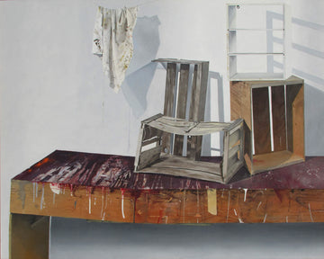 Peter Salmon artwork 'untitled (Wooden Crates on Bench)' at Gallery78 Fredericton, New Brunswick