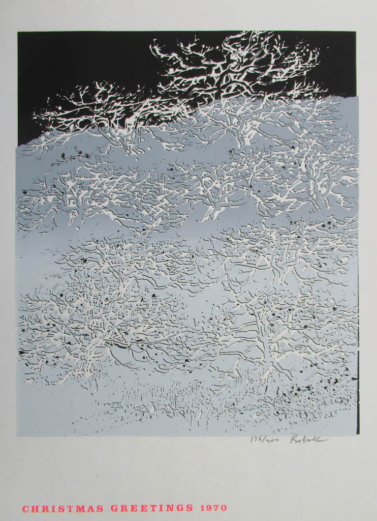 Bruno Bobak, OC, RCA artwork 'Christmas Greetings - 1970 (grey and black snow landscape)' at Gallery78 Fredericton, New Brunswick