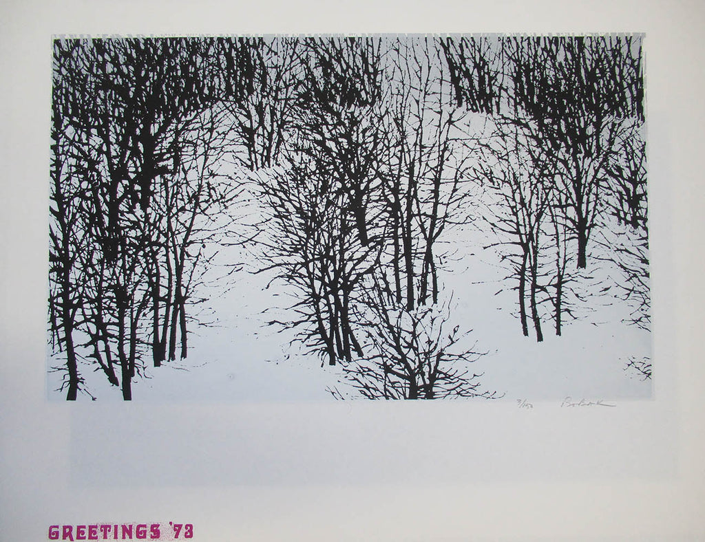 Bruno Bobak, OC, RCA artwork 'Christmas Greetings - 1973 untitled (Snow and Trees)' at Gallery78 Fredericton, New Brunswick