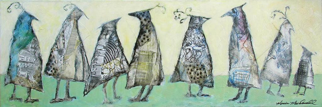 Monica Macdonald artwork 'Feathered Friends: Party on the Lawn' at Gallery78 Fredericton, New Brunswick