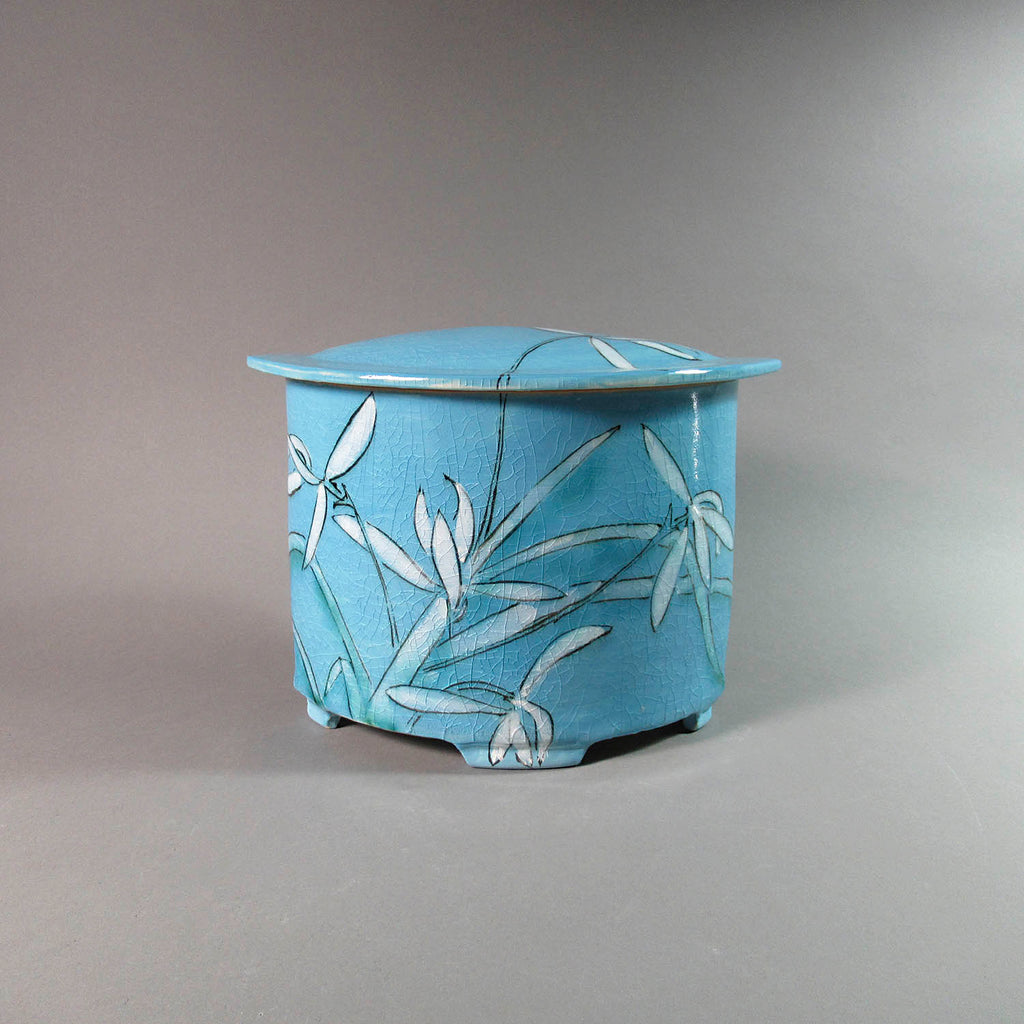 Karen Burk artwork 'Funerary Urn - Large Oval, Turquoise Wild Orchid' at Gallery78 Fredericton, New Brunswick