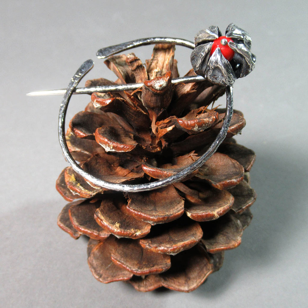 Ann Fillmore artwork 'Pennanular Open Pod Brooch with Coral Bead' at Gallery78 Fredericton, New Brunswick